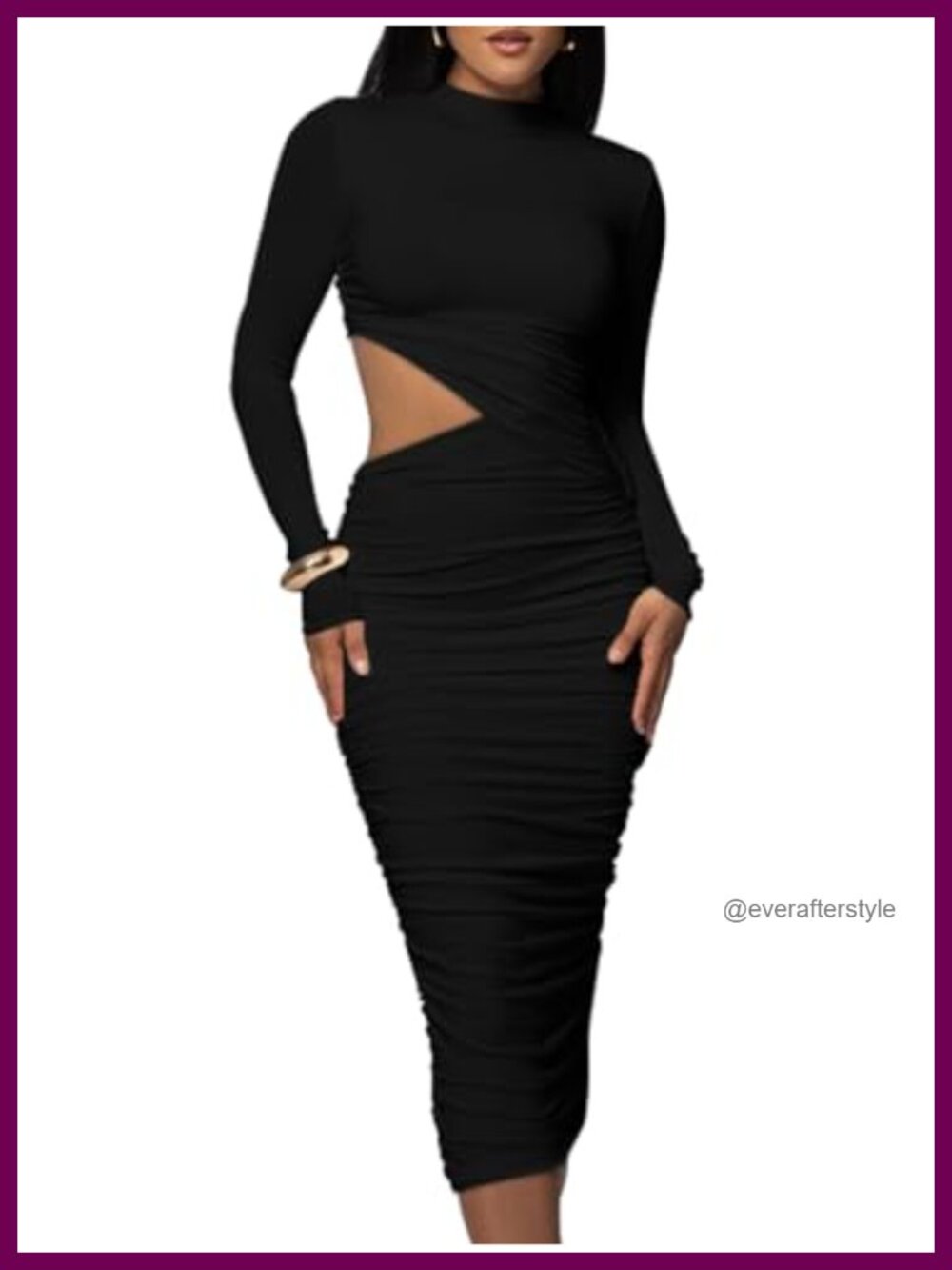 Women Long Sleeve Mock Neck Ruched Bodycon Midi Club Dress